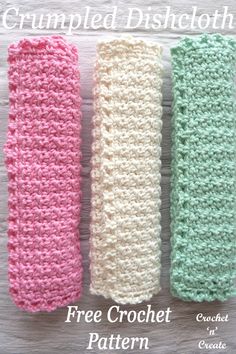 three crochet headbands are lined up on a table with the text, crumpled dishcloth free crochet pattern