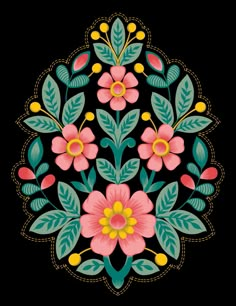 a colorful floral design on a black background