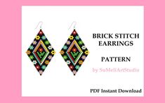 a pair of earrings with colorful beads on it and the text, brick stitch earrings pattern