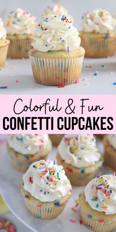 colorful and fun confetti cupcakes with white frosting on a plate