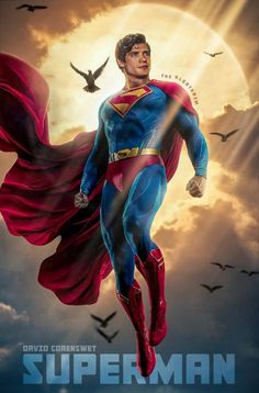 a man in superman costume flying through the air with his cape open and birds flying around him