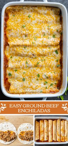 an easy ground beef enchiladas recipe in a casserole dish with cheese on top