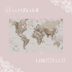 the world map is shown on a pink background with white flowers and scrolls around it