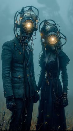 two people with gas masks on their heads standing next to each other in a field