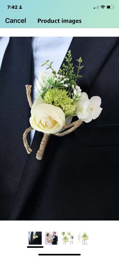 a boutonniere with white flowers and greenery on the lapel of a man in a suit