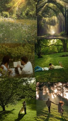 four different pictures of people reading in the park, one is laying on the grass