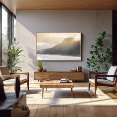 a living room filled with furniture and a painting on the wall above it's coffee table