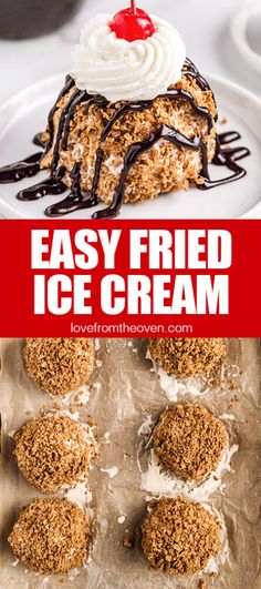 an easy fried ice cream dessert with chocolate drizzle on top