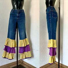 80s Vintage Hippie Extra Bell Bootoms Trousers Hip Hop Purple Yellow Layer Flare Leg Pants Festival Trousers Mid Waist Pants Size L XL ♥ Zipper and 1 button closure on front ♥ Bell Bootoms ( Hand Made) ♥ 2 Pockets on sides, 2 on back Condition: Vintage condition: Good Vintage Condition. Tag: Hand Made Materials: 100% Cotton Size: ( Fit on M/ L) Made from Men's pants with size W 40 L 36 Measurements: laying flat and tied closed Length: 109cm = 42,9'' Waist : 92+cm = 36,2'' Hips: 106cm = 41,7'' Tr Retro Wide Leg Pants For Festival, Retro Fitted Purple Bottoms, Fitted Retro Purple Bottoms, Vintage Yellow Wide-leg Bottoms, Vintage Wide Leg Yellow Bottoms, Retro Purple Spring Bottoms, Vintage High Waist Yellow Bottoms, Vintage High-waist Bottoms For Festival, Vintage High-waist Yellow Bottoms