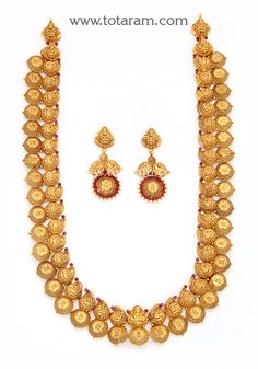 22 Karat Gold "Lakshmi Kasu - Mango - Peacock" Long Necklace & Drop Earrings Set with Beads (Temple Jewellery) - 235-GS3645 - in 111.950 Grams for USD $9539.74. 
Made in India by Totaram Jewelers Online this product is in Gold - 22 Karat BIS Hallmark 916 KDM Gold  & is an excellent gift for Adult - Women. Ships fully insured with secured guaranteed delivery for free with your order over $250 from New Jersey USA & comes with 30 days exchange policy. 22k Gold Jewelry With Peacock Design For Festivals, 22k Gold Peacock Design Jewelry For Puja, Yellow Gold Peacock Design Jewelry For Puja, 22k Gold Temple Jewelry With Peacock Design, Yellow Gold Jewelry With Peacock Design For Puja, 22k Gold Bollywood Jewelry With Peacock Design, 22k Gold Temple Jewelry Sets With Latkans, Yellow Gold Peacock Design Jewelry For Festivals, Gold Jewelry With Peacock Design For Navratri