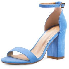 a blue high heeled sandal with two straps