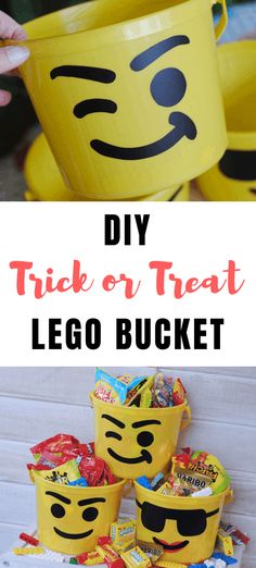 lego buckets with the words diy trick or treat in front of them and an image