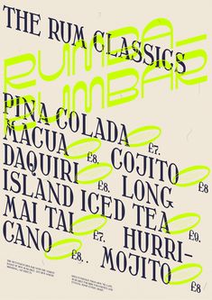 an advertisement for the rum classics featuring various font styles and colors, including green