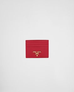 Fiery Red Saffiano Leather Card Holder | PRADA Elegant Leather Card Holder With Logo, Designer Logo Card Holder For Business, Designer Business Card Holder With Logo, Elegant Rectangular Logo Card Holder, Classic Business Card Holder With Logo, Elegant Red Leather Card Holder, Elegant Red Bifold Card Holder, Classic Saffiano Leather Wallet With Card Slots, Classic Red Card Holder With Interior Slots