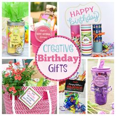 a collage of different birthday gifts in mason jars and vases with flowers on them