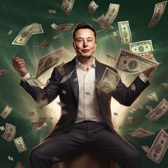 a man sitting on top of a stool surrounded by money flying out of his hands