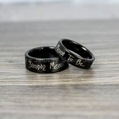 Simply Meant To Be Jack and Sally Rings, Jack and Sally Wedding Bands, Black Tungsten Rings, Black Tungsten Wedding Bands, Jack and Sally Wedding Rings Couples' Black Promise Rings, Adjustable Black Couple Rings For Promise, Black Couples Promise Rings, Personalized Black Jewelry For Wedding, Personalized Black Wedding Jewelry, Black Personalized Jewelry For Wedding, Jack And Sally Wedding, Wedding Bands Black, Simply Meant To Be