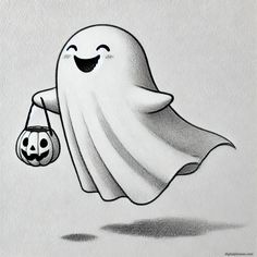 a drawing of a ghost holding a pumpkin