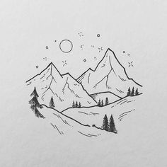 a drawing of mountains with pine trees on the top and stars in the sky above