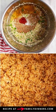 two pictures showing different types of food in the same pan, one with rice and another with