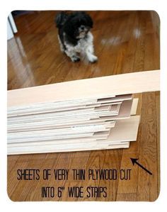 a dog is standing in front of a table that has been cut into 6 wide strips