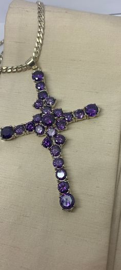 "Vintage magnificent amethyst cross pendant set in solid silver. A real statement piece. Set with quality amethyst's. Unusual and a wow! Please look carefully the photographs as we have taken care to capture any quirks or \"imperfections\" - all our items are commensurate with the age. Vintage and antique jewellery is unlikely to be absolutely perfect, but that's why it's so charming!  Our beautiful silver, gold and platinum rings can be resized for an additional cost - please see our \"Ring Res Purple Amethyst Cross Jewelry, Platinum Rings, Platinum Ring, Antique Jewellery, Pendant Set, Jewelry Bags, Cross Pendant, Silver Gold, Jewelry Necklace Pendant