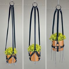 three pictures of a hanging planter with flowers in it and chains attached to the sides