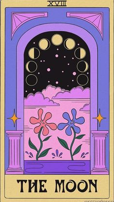 the moon tarot card with flowers and stars on it's front cover, in purple