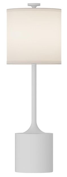 a white table lamp with a beige shade on the top and bottom part of it