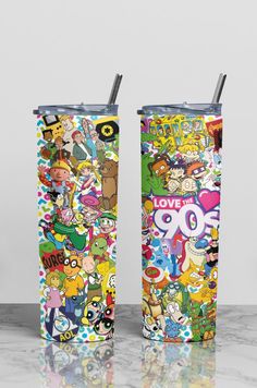 two tumblers with cartoon characters on them