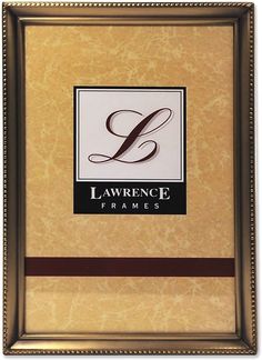 a gold frame with a brown stripe around the edge and a logo for lawrence frames