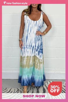 Casual Gradient Print U Neck Sleeveless Fringed Trim Ruffle Hem Ripple Vacation Maxi Slip Dress Tye Dye Maxi Dress, Jeans Overall, Jeans Cargo, Maxi Slip Dress, Cardigan Sweater Dress, Blazer And Shorts