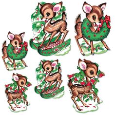 a set of twelve christmas deer stickers with bells and wreaths on their backs