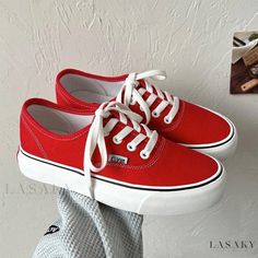 Lasaky - Simple yet Elegant Red Sandals Comfortable Red Canvas Shoes With Round Toe, Comfortable Red Closed Toe Sneakers, Red Lace-up Canvas Shoes For Summer, Red Slip-on Canvas Shoes For Spring, Red Summer Sneakers, Casual Red Sneakers For Spring, Trendy Red Canvas Shoes For Spring, Red Flat Sneakers For Summer, Red Round Toe Canvas Shoes