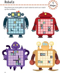 four different robots are shown in this puzzle game