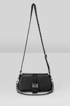 DARKWAVE.- Statement textured PU bag.- Detachable metal chain.- KILLSTAR branded metal buckle.- Adjustable shoulder strap.- Metal hardware details.- Studded bottom.- Fully lined.- Wipe clean. Bag: H-14cm, L-27cm, W-7cm Strap only: L-25cm (longest) With KILLSTAR branding, Fabric 1: 100% Polyurethane, Fabric 2: 100% Polyester. Imported. Chain Link Bag With Detachable Strap For Daily Use, Silver-tone Crossbody Shoulder Bag, Daily Chain Link Bag With Detachable Strap, Daily Use Chain Link Bag With Detachable Strap, Chic Chain Satchel For Everyday Use, Trendy Flap Bag With Branded Hardware For Everyday, Trendy Everyday Flap Bag With Branded Hardware, Trendy Flap Satchel Bag With Metal Hardware, Trendy Flap Bag With Chain Strap