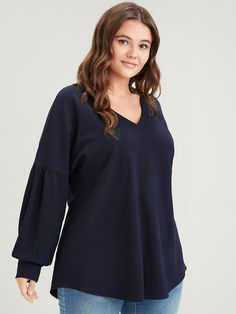 BloomChic Plus size clothing for women. You'll actually want to wear. Shop women's clothing sizes 10-30. With new styles added daily, you'll always find something to love. Free shipping on order $59. Free return for first order. Just shop now. Composition:100% Polyester Details:Pocket Sleeve Length:Long Sleeve Neckline:V Neck Occasion:Daily Color:Blue Stretch:Non-Stretchy Style:Casual Material:Polyester Season:Fall Knit V-neck Top With Ribbed Cuffs, Womens Trendy Tops, Love Free, Plus Size Clothing For Women, Knit Sweatshirt, Womens Clothing Sizes, Sleeve Detail, Dress Clothes For Women, Clothing For Women