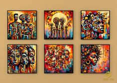 four colorful paintings hanging on the wall