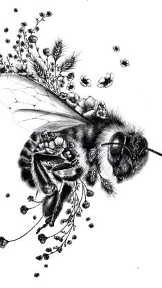 a pencil drawing of a bee with flowers on it's back and a pen next to it