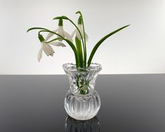 a glass vase with flowers in it on a table