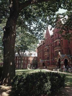 two people are sitting on the grass in front of an old brick building with many windows