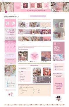 a website page with pink and white designs on the front, side and back sides