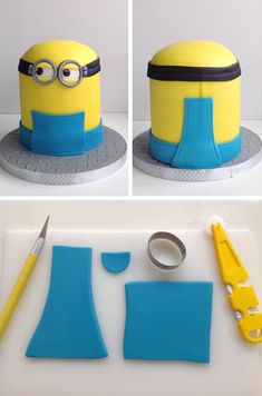 the cake has been made to look like a despicable minion with glasses