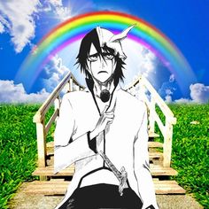 an anime character sitting on a wooden bench in front of a rainbow and sky background