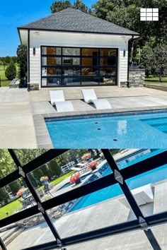 modern glass garage door on detached pool house Pool Garage Ideas, Glass Garage Door Pool House, Outdoor Pavilion With Garage Doors, Shed With Garage Door And Porch, Pool And Shop Combo, Backyard Layout With Pool And Pool House, Pool House Garage Door, Pool Garage Combo, Pool House Door Ideas