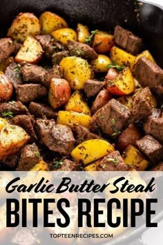 garlic butter steak bites recipe in a skillet