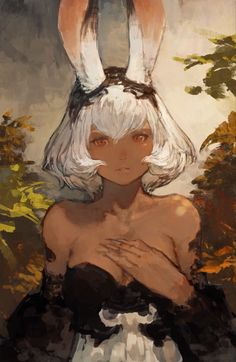 a painting of a woman with white hair and bunny ears