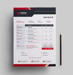 a red and black invoice is on top of a white piece of paper