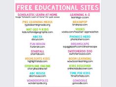 a poster with the words free educational sites written in different colors and font on it