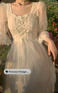 Samanthacore Outfits, Angel Core Aesthetic Outfits, Old Timey Dresses, Vintage Cottagecore Dress, Fairy Dress Aesthetic, Princess Vintage, Dress With Lace Trim, Aesthetic Dress